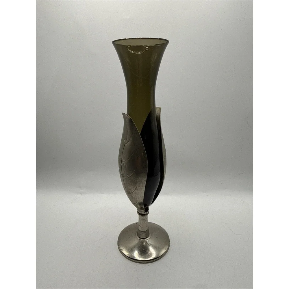 Vintage Rosalco Silver Plated Flower Smokey Glass Flute Tube Insert Bud Vase MCM